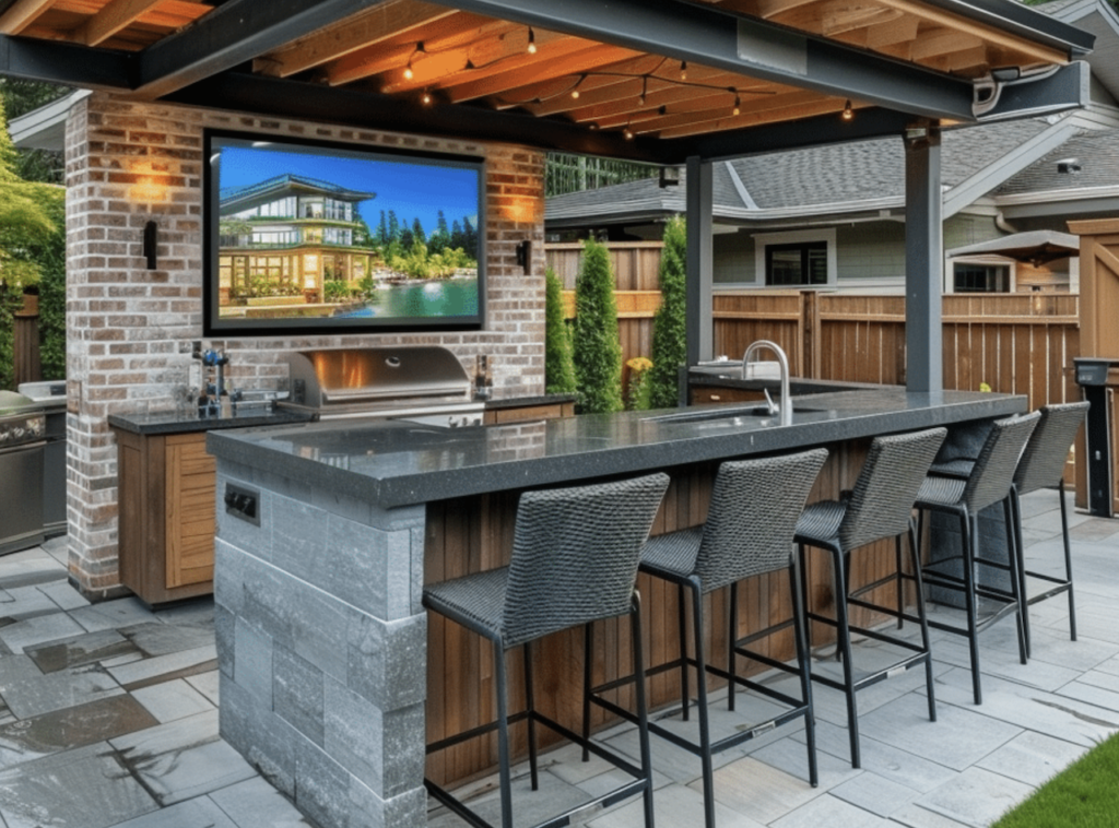Cozy outdoor kitchen with island and TV