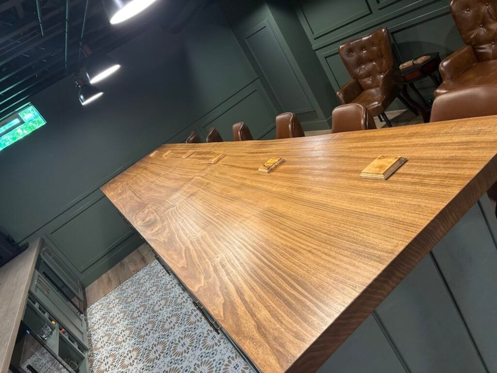 Custom Basement Bar with live-edge shelves and custom built-ins