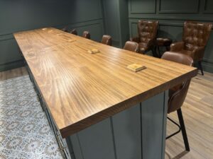 Gorgeous Custom Live Edge Wood Bar in Basement Remodel by Mr.Countertops in Northeast OH