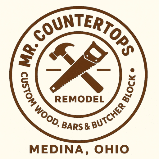 Logo For Mr.Countertops, patch says "Mr.Countertops, Custom Wood, Bars & Butcher Block", Remodeling in Medina, OH