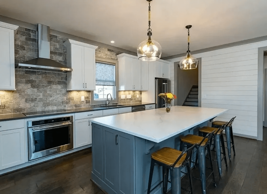 Modern Kitchen Remodel with White Kitchen Island Counter and blue cabinets