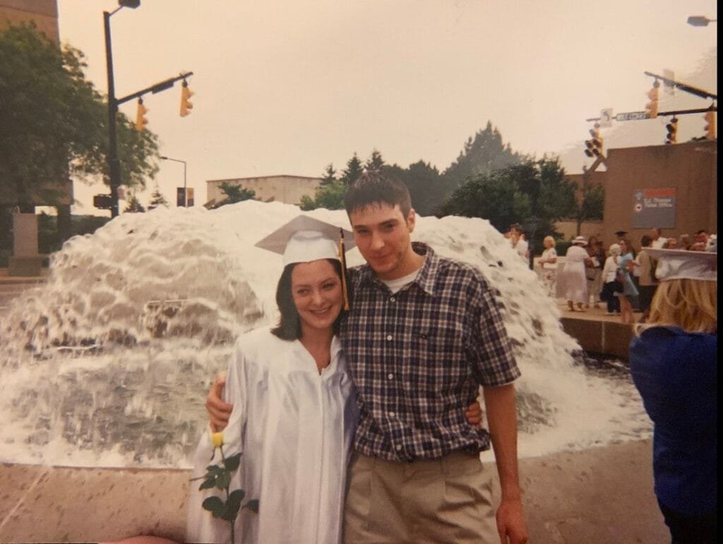 Shannon & David in front of the fountain at EJ Thomas Hall at Shannon's High School Graduation.