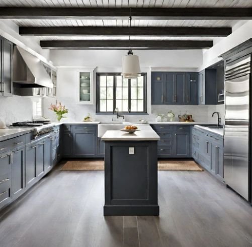 Blue and white kitchen remodel with custom solid surface countertops