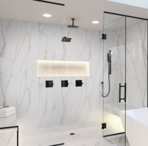 Modern master bathroom in Pepper Pike featuring seamless gray solid surface shower panels and minimalist black fixtures.