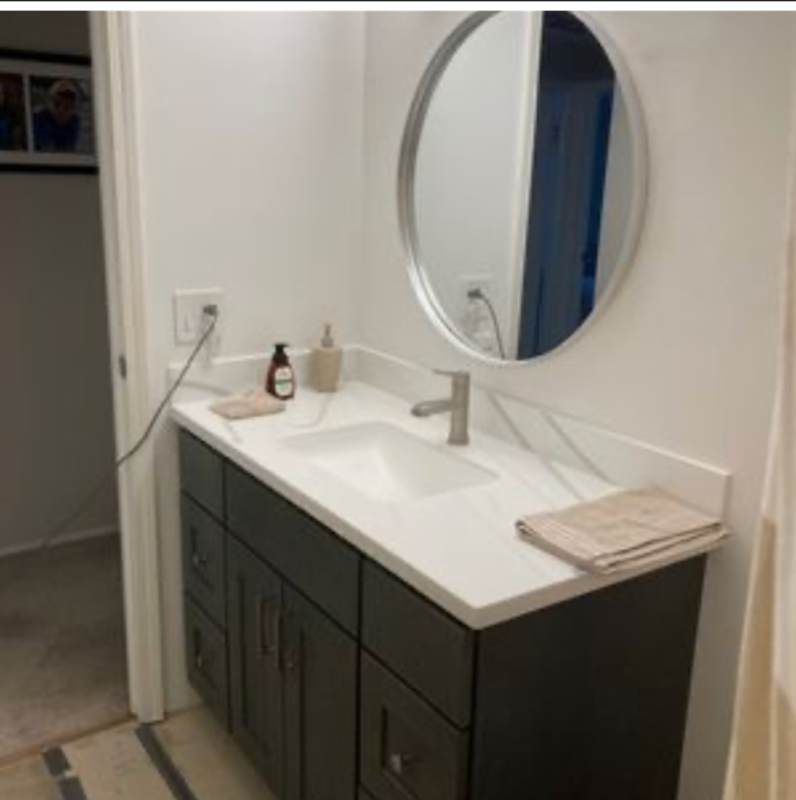 Seamless white solid surface vanity in Copley, OH by Mr.Countertops