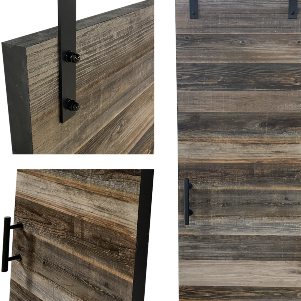 Authentic reclaimed wood barn door with weathered texture, original nail holes, and industrial forged-iron hardware.