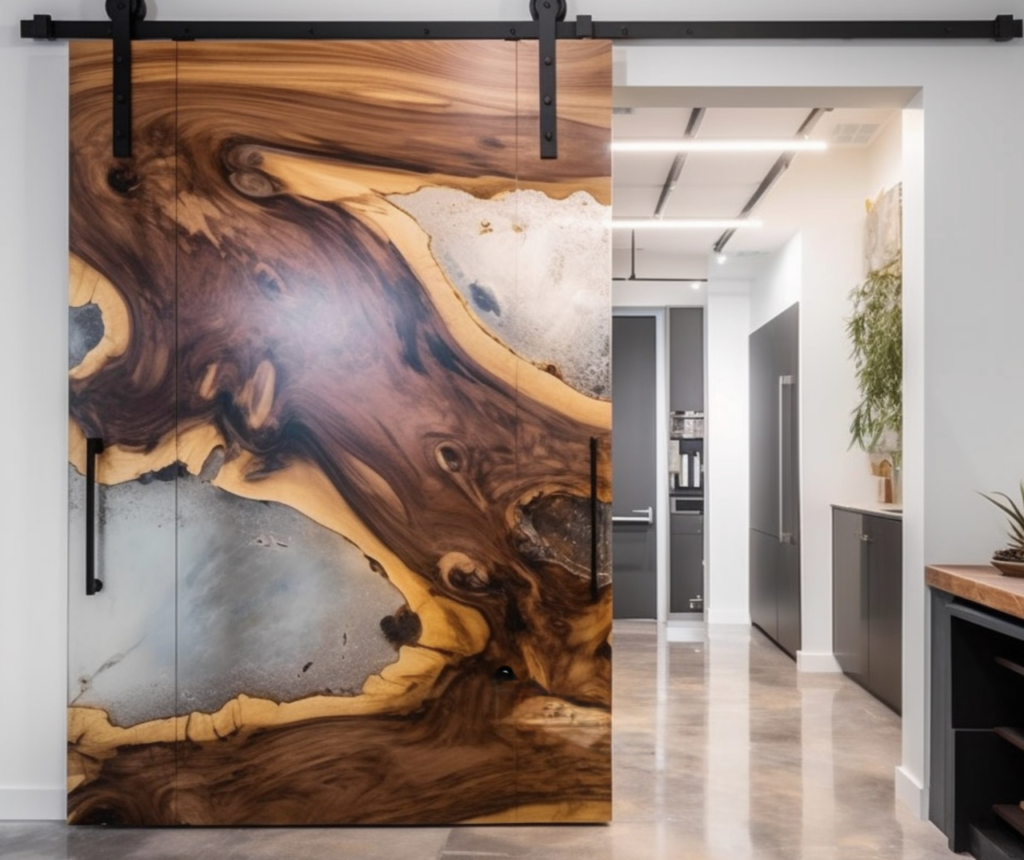 Custom handcrafted live-edge wood barn door with blue epoxy resin river inlay, featuring a solid walnut slab and black industrial sliding hardware in a luxury home interior.