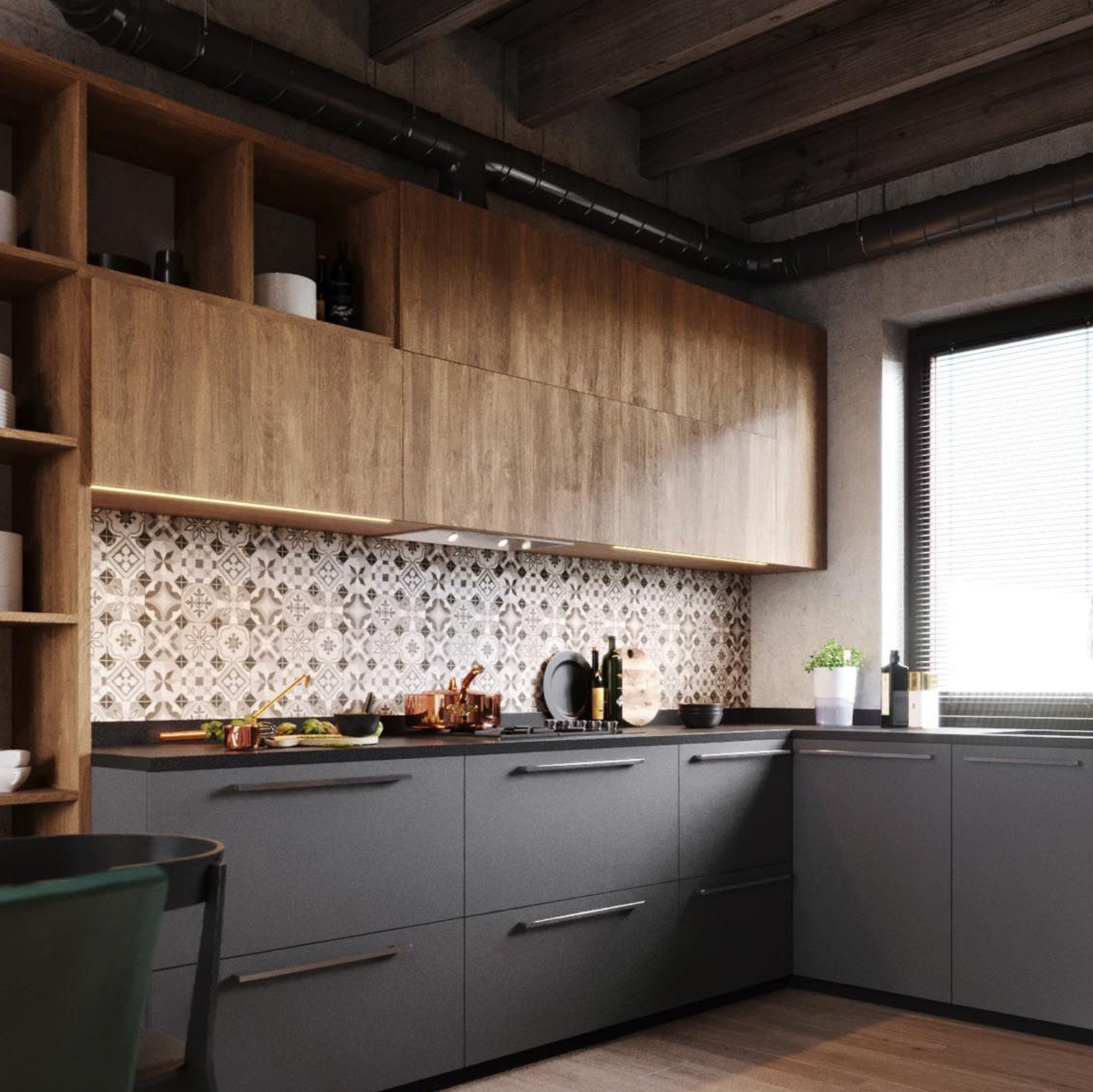  Modern kitchen remodel in Wadsworth Ohio featuring matte black countertops, custom walnut island, and professional stainless steel sink integration.