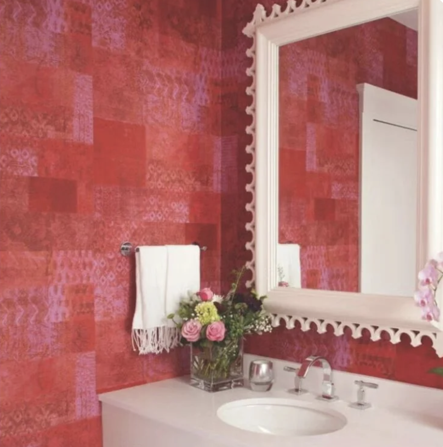 Red Bathroom Remodel with Luxury Wallpaper and Fixtures by Mr.Countertops in Medina, OH