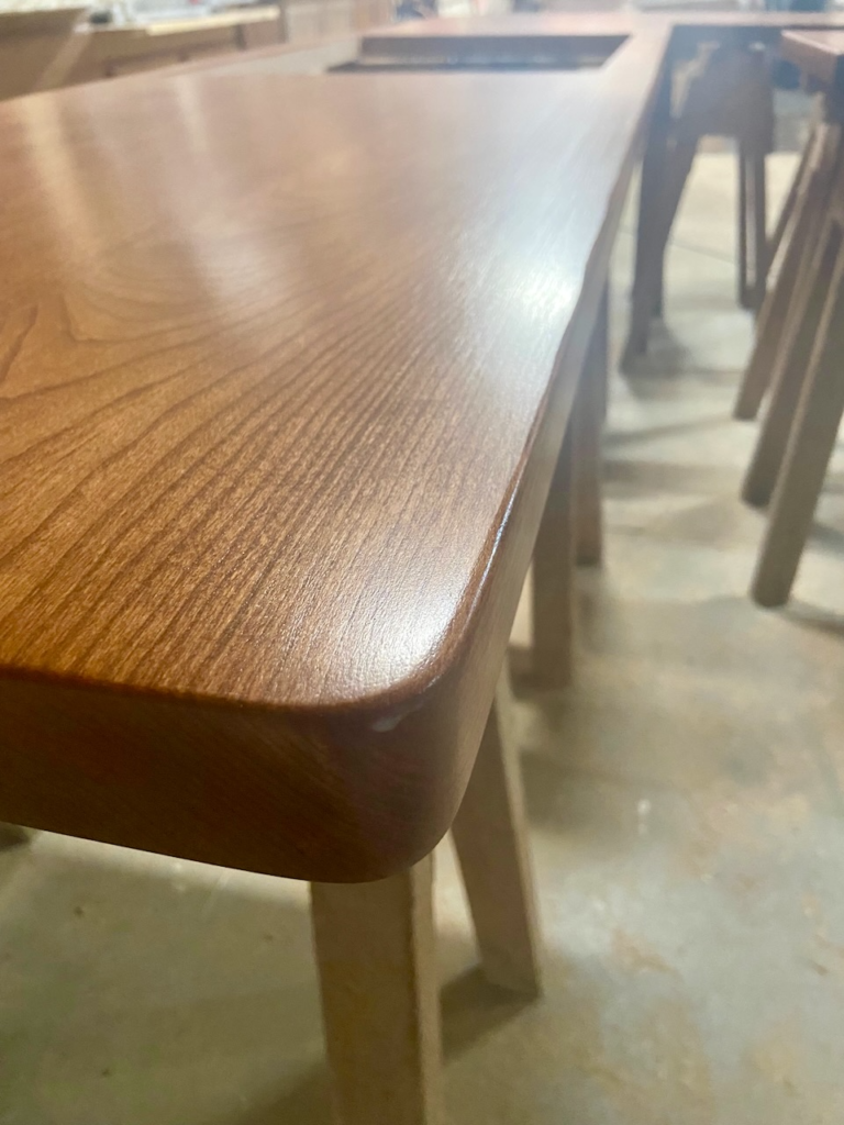 Close-up of our handcrafted wood countertops in our shop in Wadsworth Ohio after Mr.Countertops applied the first protective coat of finish.