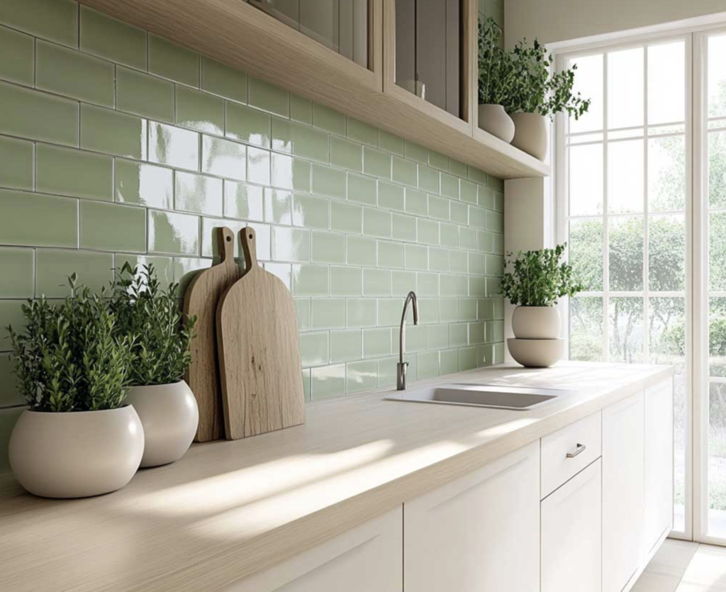 Kitchen remodel featuring light green subway tile backsplash and custom-fabricated white oak wood countertops with a satin finish.