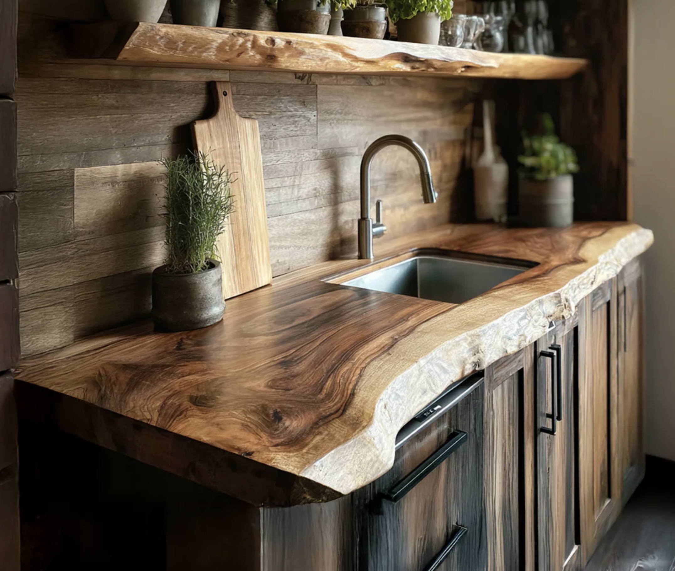 Handcrafted live edge walnut slab kitchen island countertop with natural bark edge and epoxy infill in a rustic Cleveland home.