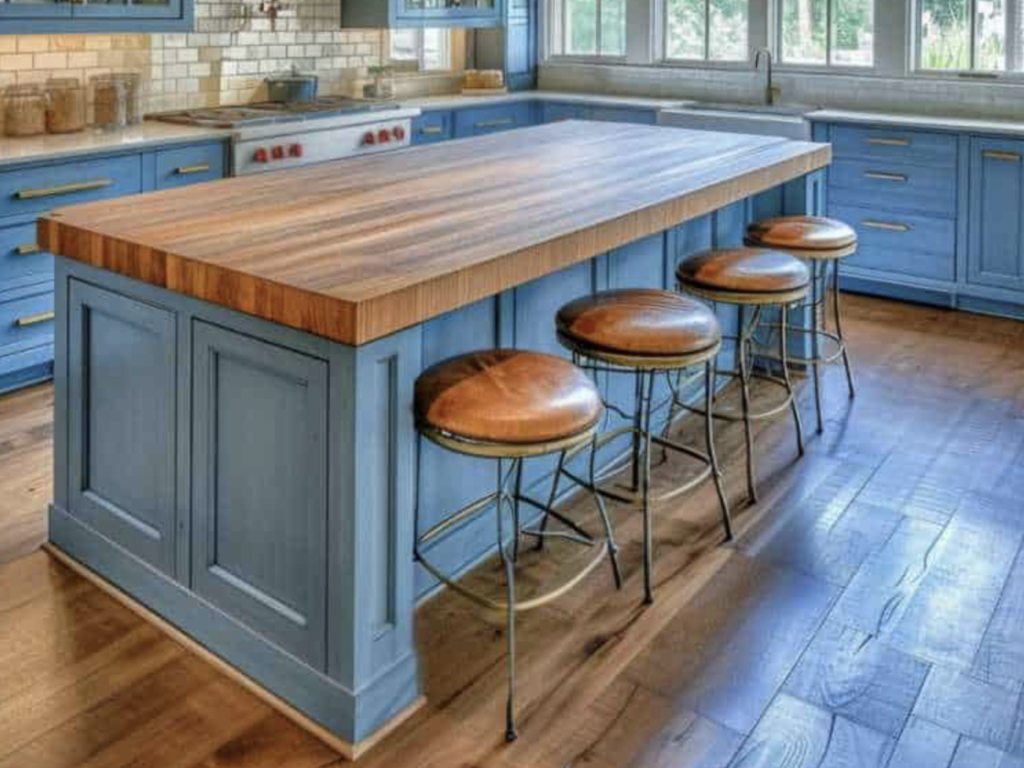 Custom handcrafted Acacia wide-plank butcher block island top on powder blue custom cabinetry in a Northeast Ohio kitchen remodel, featuring modern stool seating and artisan wood surfaces.