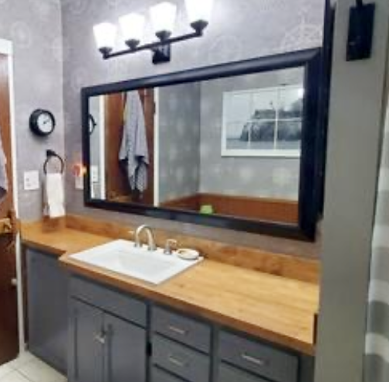 Custom Solid Oak Vanity with waterproof finish for a Full Bathroom Remodel