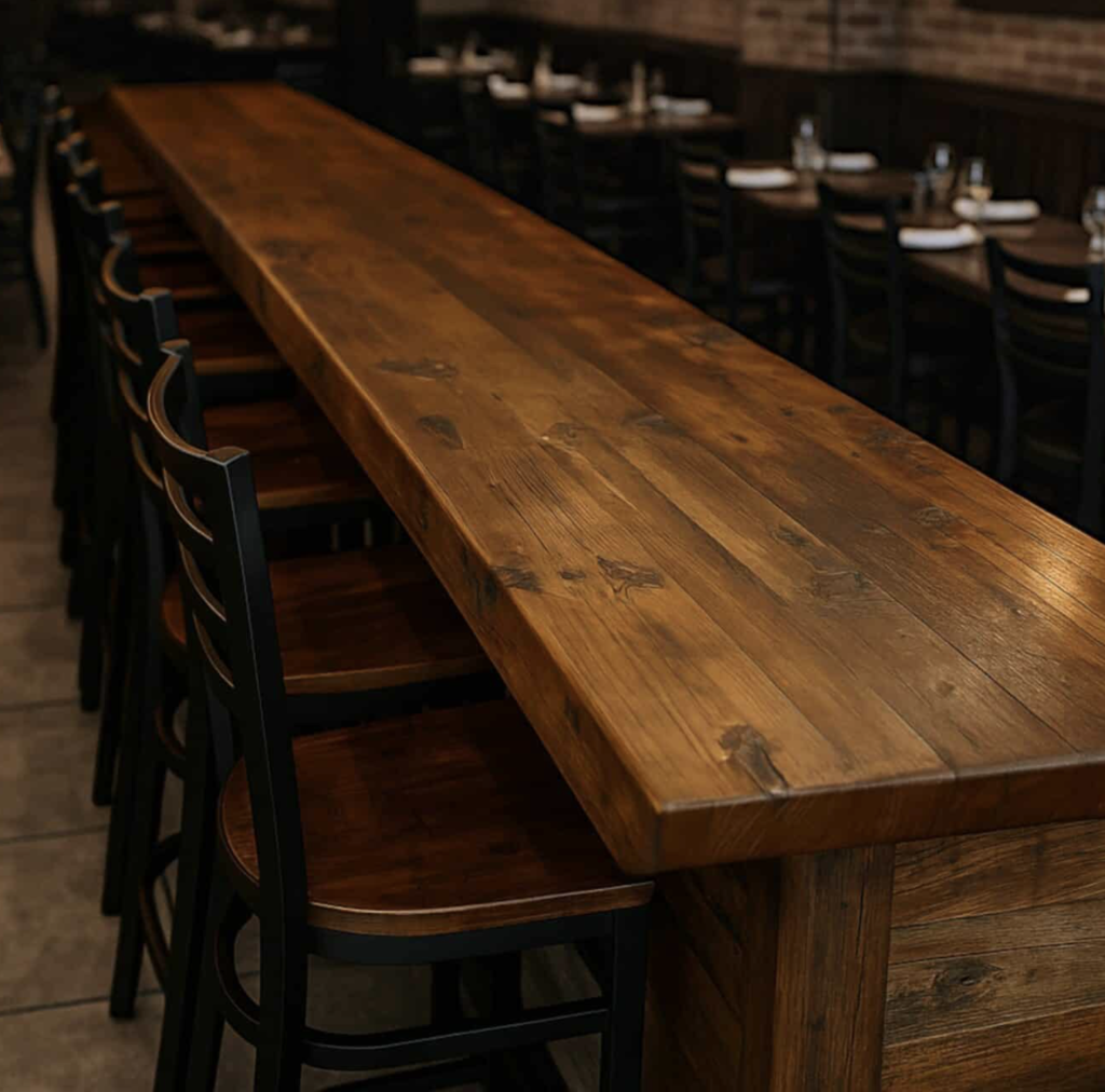 Custom 11-foot mahogany plank wood countertop and restaurant dining table handcrafted by Mr. Countertops featuring premium wide-plank mahogany.