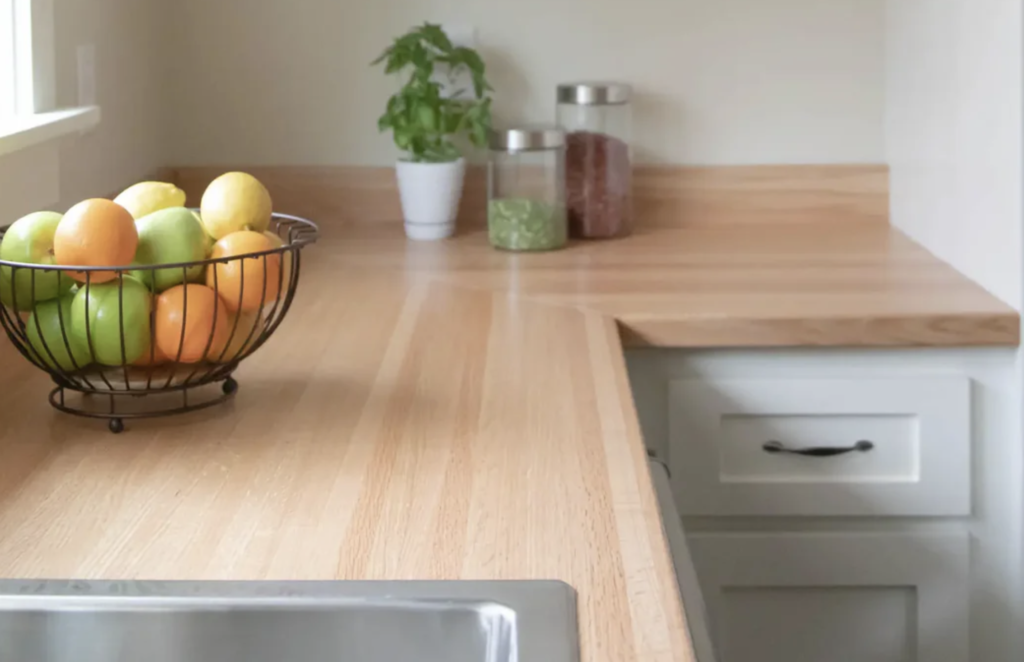 Wide-plank Red Oak countertop with a custom stain, highlighting the classic open-grain texture.