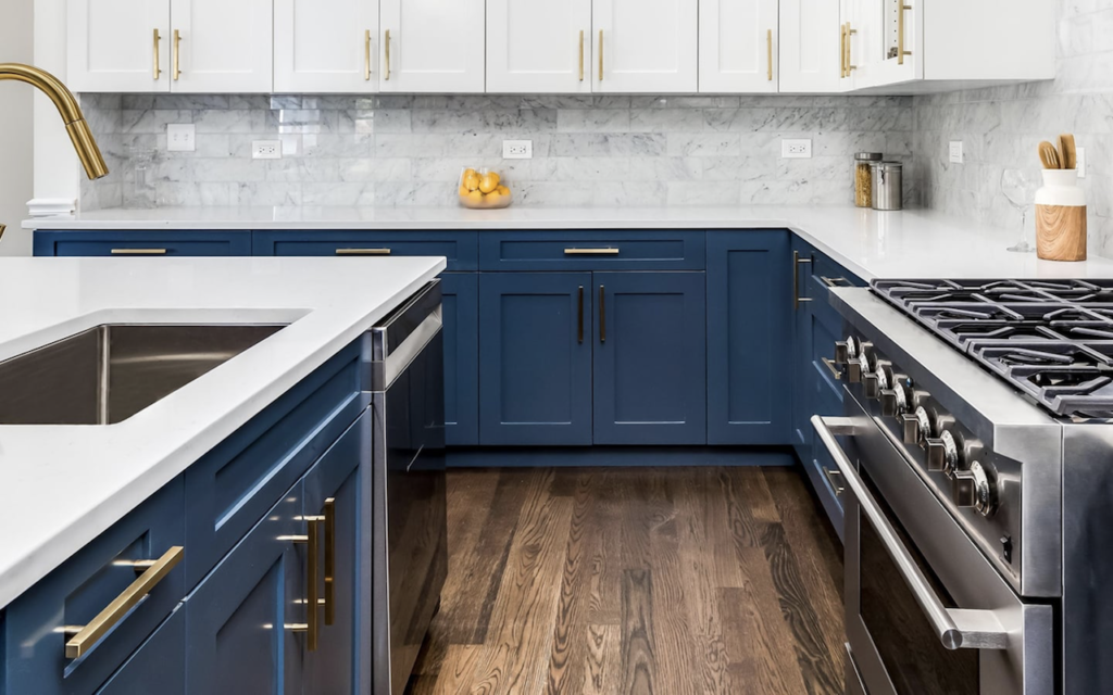 Kitchen Remodel with Navy Cabinets & Custom white countertops in NE Ohio kitchen.