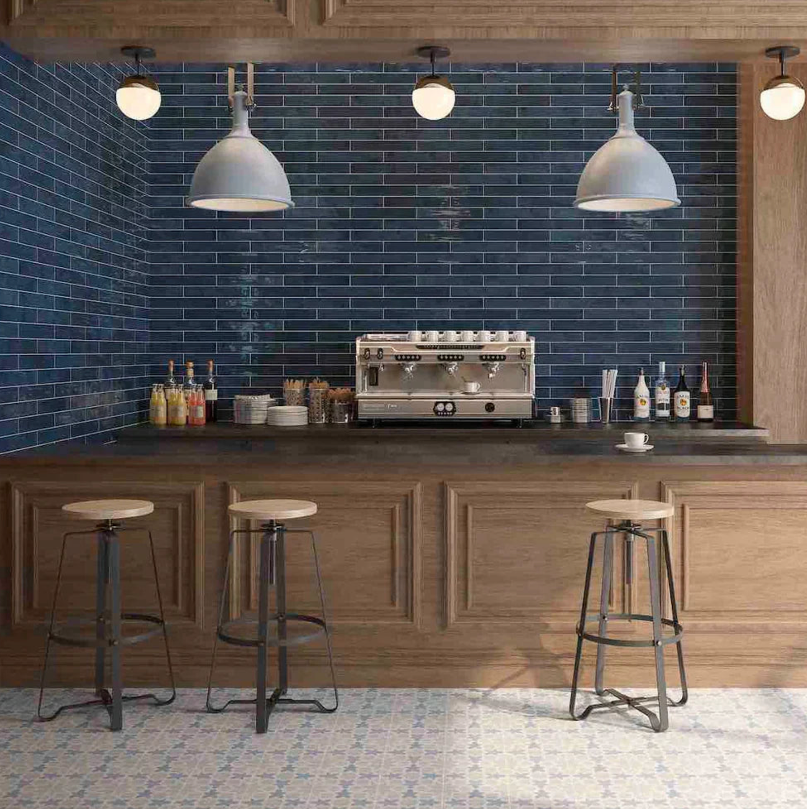 Stacked square Zellige tiles in a moody blue grey with natural light reflecting off the irregular glazed surface. | Mr.Countertops