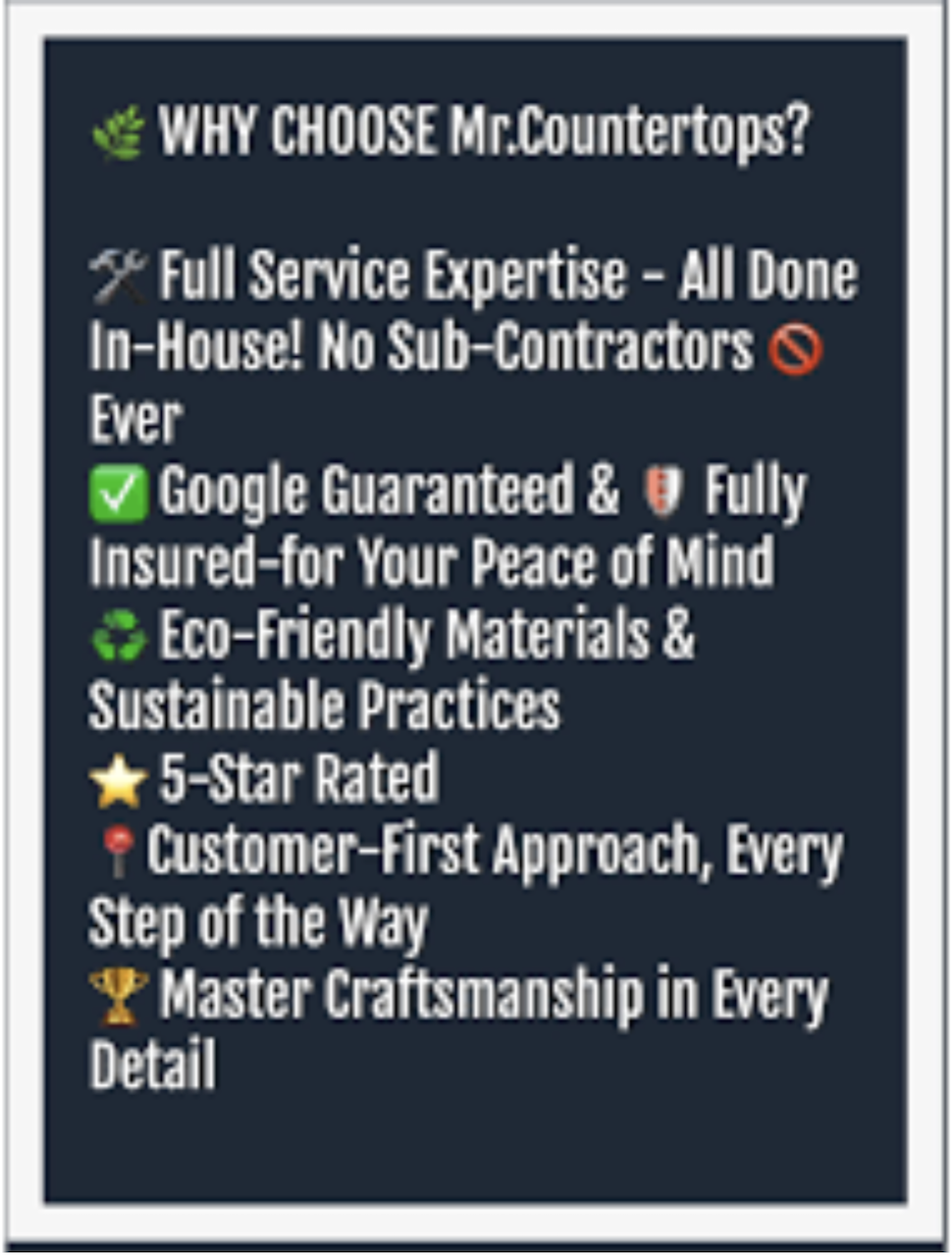 All the reasons Mr.Countertops is right for your next Custom Bar Build, Countertops and full-service in-house renovation.