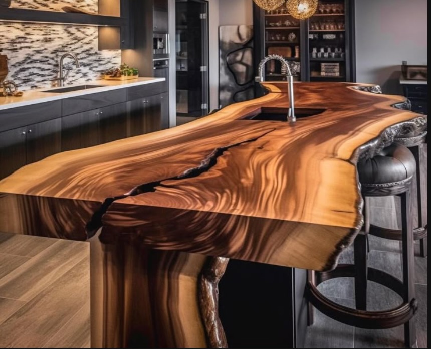 Live-edge and epoxy resin island with bar stools