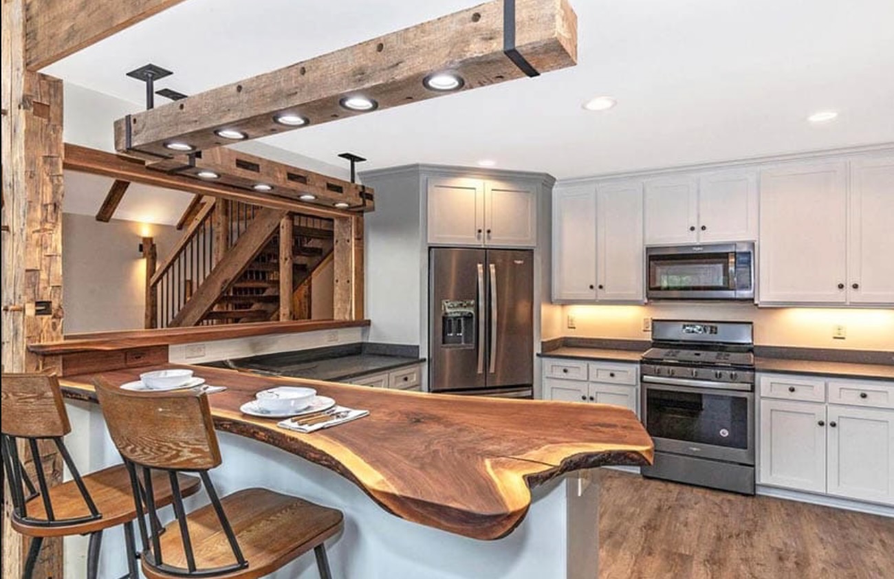 Live Edge Wood Slab Island in rustic cleveland Kitchen