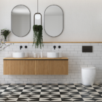 Bathroom Renovation with intricate tile and floating shelf | Mr.Countertops