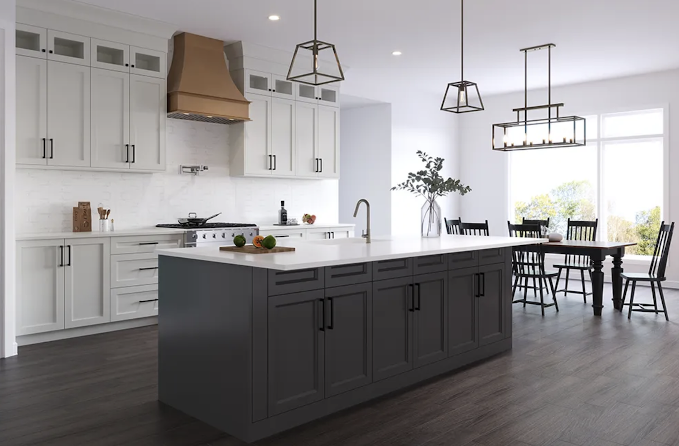 Custom Cabinets in modern kitchen remodel with navy cabinets and white kitchen island. | Mr.Countertops