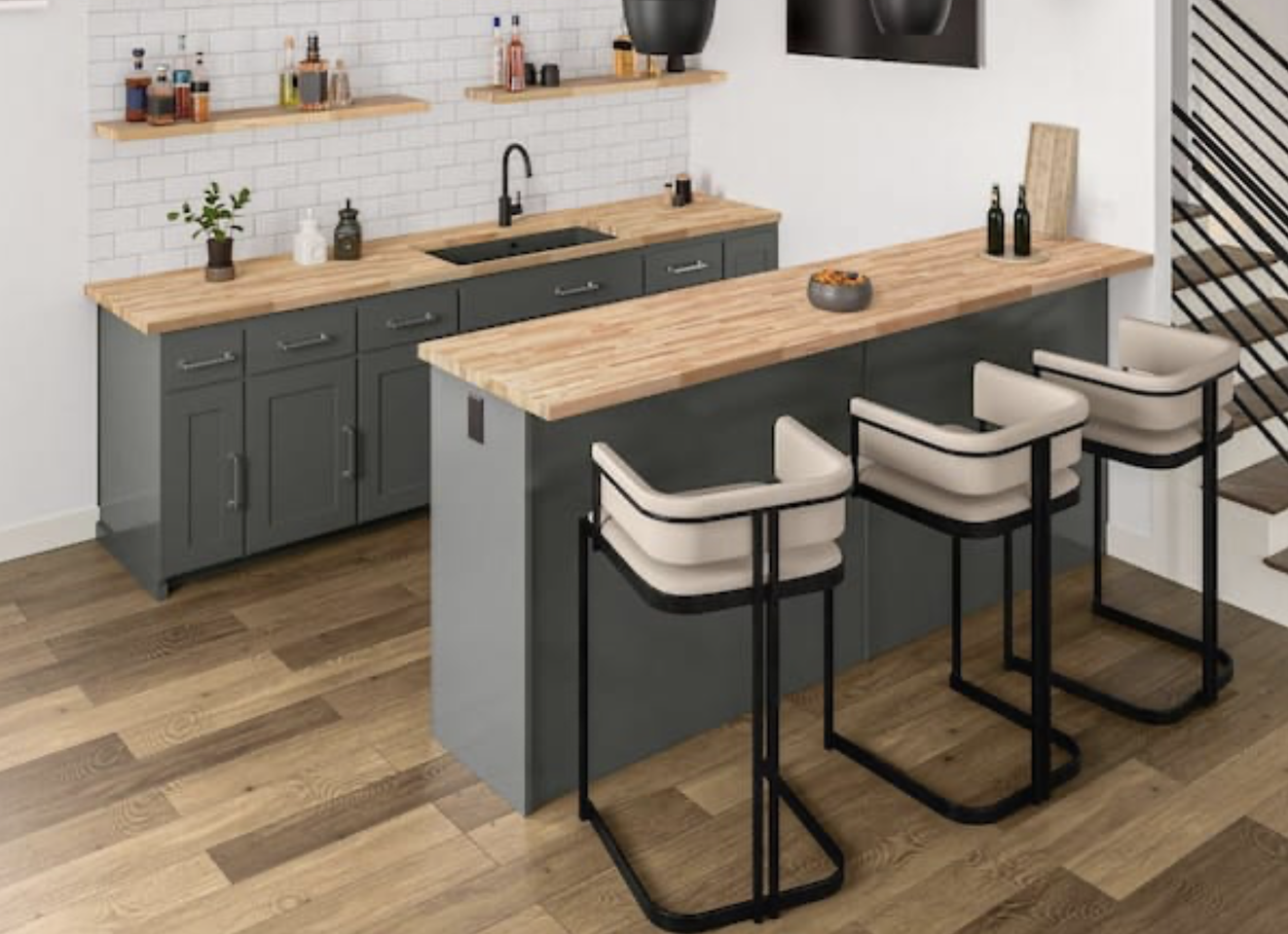 Modern kitchen remodel featuring custom ash countertops and island