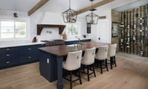 Walnut Island with seating in modern kitchen remodel