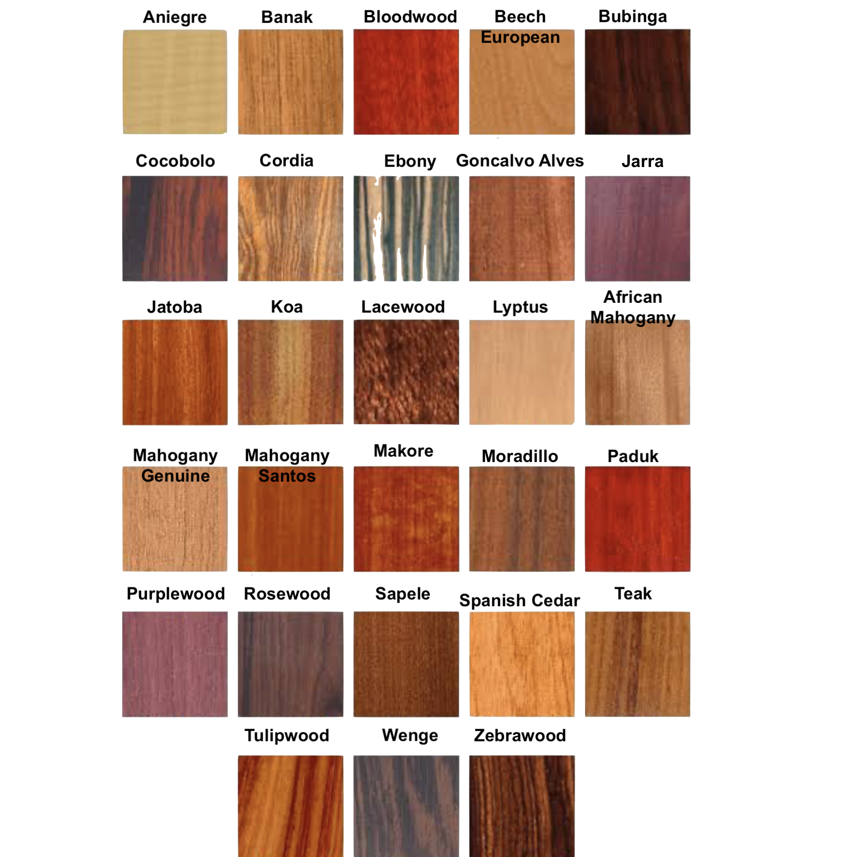 All exotic wood species we offer to build your custom butcher block, exotic wood bars and wood features