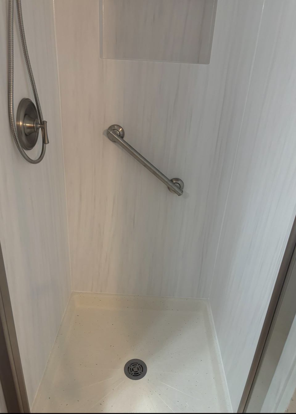 Custom Shower with grab bar in Cleveland OH bathroom remodel
